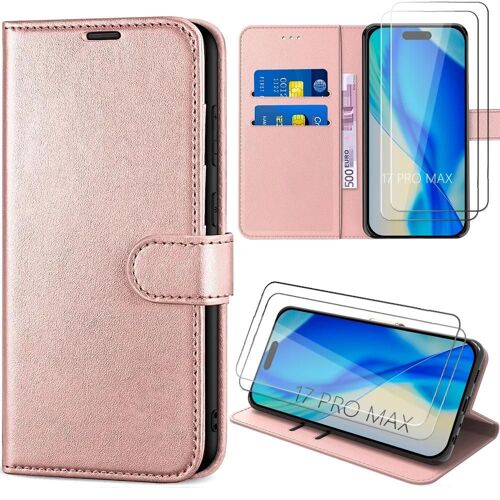 Coque + 2 Verres Trempés pour iPhone 17 Pro Max, Protection Rabat Anti-Rayures Antichoc Synthécuir Rose - EFConnection