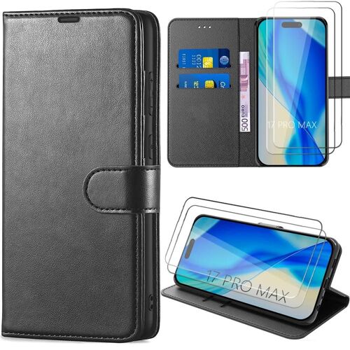 Coque + 2 Verres Trempés pour iPhone 17 Pro Max, Protection Intégrale Antichoc Synthécuir Luxe Noir - EFConnection