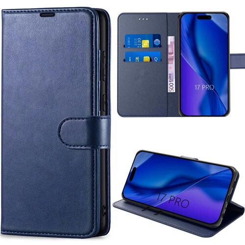 Coque pour iPhone 17 Pro, Protection Flip Case Antichoc Anti-Rayures Antichoc Effet Cuir Bleu Marine - EFConnection