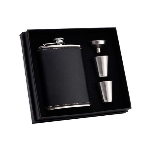 Coffret Cadeau Flasque En Cuir Noir Haut De Gamme Pour Homme - Comprend Une Flasque, Deux Tasses Et Un Entonnoir - Parfait Pour Le Whisky, Le Bourbon Et Les Cadeaux