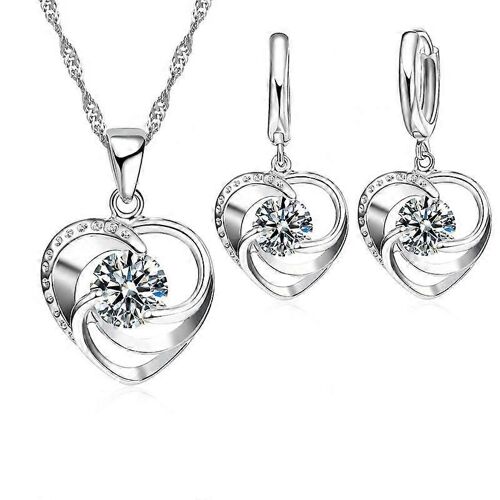 Argent Sterling 925 Estampillé Collier Boucles D'oreilles Ensemble Longue Chaîne Doux Romantique Style Amour Forme De Coeur Pour Les Femmes Dame Femme