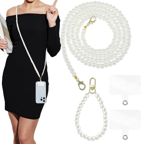 KAL-Lot De 2 Cordon Telephone Portable, Avec Perles Mains Libres Anti Perte Amovible Avec 2 Coussinets D'Attache Pour Appareil Photo Et Sac À Bandoulière, Blanc, 129Cm/50.78In