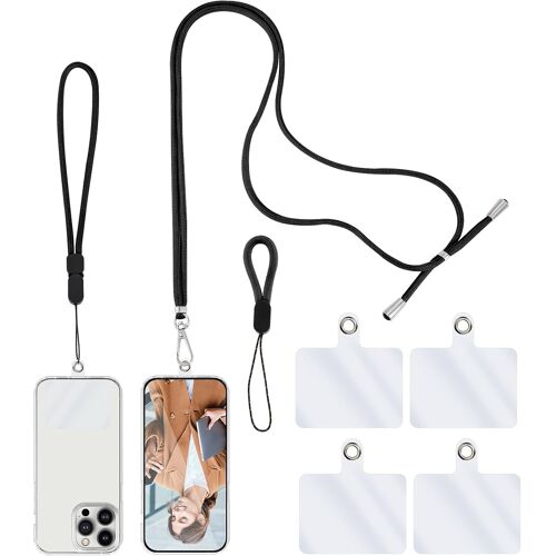 KAL-Chaîne Pour Téléphone Portable Universel, 1 Longue Lanière+1 Dragonne Pour Poignet+1 Dragonne Pour Doigt+4 Entretoises Transparentes Lanière Pour Téléphone Portable Porter Réglable (Noir)