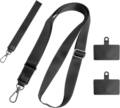 KAL-Lot De 2 Chaînes Noires Pour Téléphone Portable Avec Entretoise Carrée, Cordon Anti-Perte, Sangle Réglable Universelle