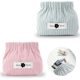 nzqaf-Lot de 2 Sacs cosmétiques en Velours côtelé élastique - Trousse de Toilette Portable pour Femme - Petit Sac de Rangement Multifonction - Sac de Maquillage pour cosmétiques, Bijoux (Rose + Bleu)