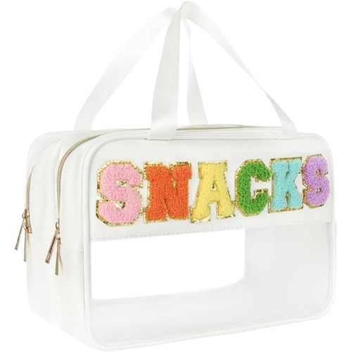 MAA-Trousse de maquillage de voyage, trousse de maquillage transparente, trousse de toilette de voyage, mini sac à collations, sac de rangement de maquillage avec patch Preppy pour femme, voyage, pla