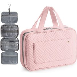 nzqaf-Trousse de Toilette Pliable Sac Cosmétique Portable Trousses à Maquillage Suspendue Multifonctions Rangement Cosmétiques Sac de Maquillage en Velours avec Crochet Pivotant(Rosa)