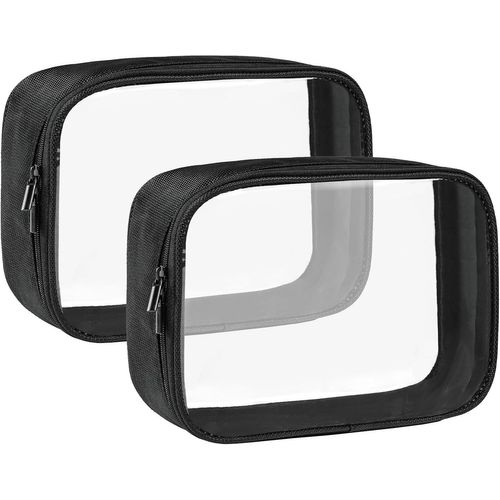 MAA-Trousse de Toilette Transparente, Trousse de Maquillage de Voyage, Pochette Cosmétiques en PVC Étanche, Sac de Rangement avec Fermeture à Glissière pour Homme et Femme, Taille S & 2Pcs Noir
