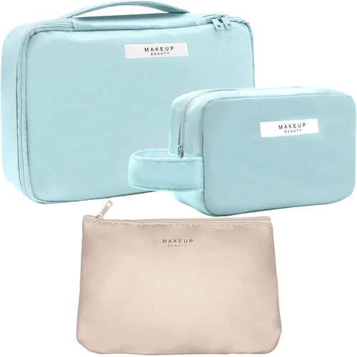 MAA-3 Pièces Trousse de Maquillage de Voyage, Trousse de Toilette Portable, Sacs à Cosmétiques en PU, Sac de Rangement de Cosmetic Bag pour Cosmétiques et Articles de Toilette (Bleu)