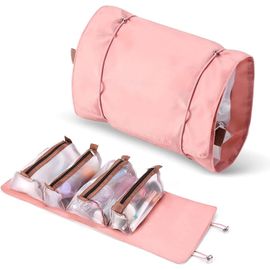 nzqaf-Trousse de Toilette Détachable, Sac de Toilette Pliable Multifonctionnel, Peut Être Accroché avec 4 Compartiments Amovibles Trousse Maquillage Femme pour Voyages,Voyages d'affaires (Rose)