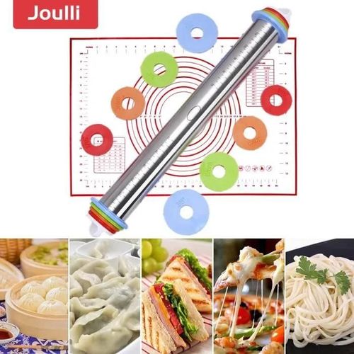 Joulli Rouleau À Pâtisserie Réglable En Acier Inoxydable Avec 4 Anneaux D\'épaisseur Ajustables