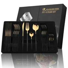 Ensemble De Couverts Dorés À Manche Noir, 24 Pièces, En Acier Inoxydable, Couteau, Fourchette, Cuillère, Vaisselle De Table,