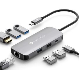 Mulitport Adaptateur USB C vers Ethernet, 7 en 1 Hub USB C vers HDMI 4K, 100W PD Port de Recharge, USB x 4, USBC Hub pour MacBook Pro MacBook Air Chromebook