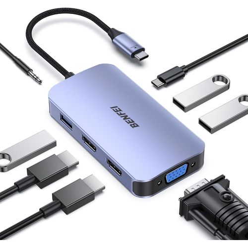 Hub USB C MST 8 en 1 avec USBC vers 2 HDMI/1 VGA, vers 3 Ports USB 3.0/100 W/Audio auxiliaire 3,5 mm, Compatible avec iPhone 15 Pro/Max, MacBook Pro 2023/2022/2021/2020, Surface Book et Plus