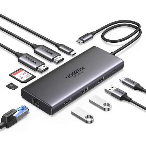 SUBZONAL-Revodok Pro 210 Hub USB C Double HDMI 4K60Hz 8K30Hz Extension 2 Écrans 10 en 1 Docking Station Accueil Adaptateur Ethernet Gigabit PD 100W Charge Lecteur de Carte SD TF Multi Data Ports 3A1C