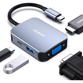 KAL-Hub Usb C 4 En 1, Adaptateur Usb C Vers Hdmi Vga, Adaptateur Usb Type-C Vers Usb, Compatible Pour Macbook Pro/Air, Iphone 15 Plus Pro Max, Surface Book 2, Dell Xps 13/15,Pixelbook Et Plus- Gris