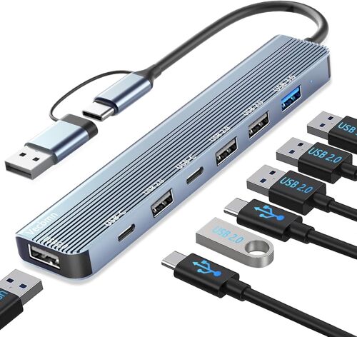 JGD-Adaptateur USB C, Adaptateur Multiport USB 3.0 7 en 1 avec US-B 3.0, U-SB 2.0, Répartiteur U-S-B, Hub U-SB de Type C Compatible ave MacBook Air/Pro, Galaxy, Pad, Dell, XPS, Windows