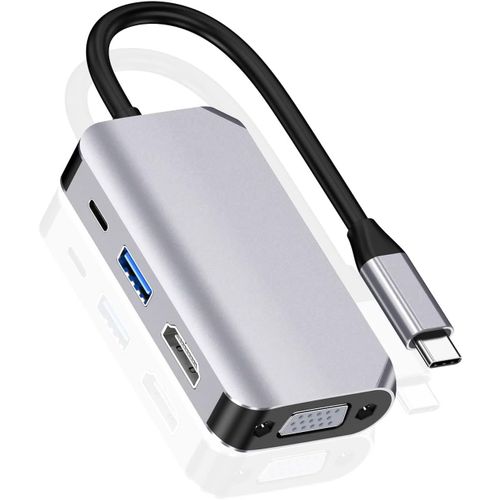 KAL-Hub Adaptateur Usb C, 4 En 1 Usb De Type C Vers Hdmi 4K, Vga, Usb 3.0 Et Usb-C Pd Station D'Accueil Multiport Compatible Avec Macbook Series, Chromebook, Zenbook, Etc. Appareils De Type C