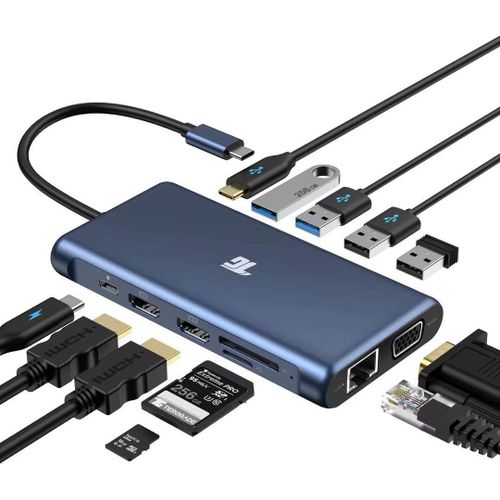 CLICKSELL-Hub Usb C, Station D'Accueil Usb C Pour Ordinateur Portable Triple Écran 12 En 1 Pour Macbook Et Windows Avec 2 Ports Hdmi Vga 100W Pd3.0 Rj45 Ethernet 4 Usb Carte Tf/Sd
