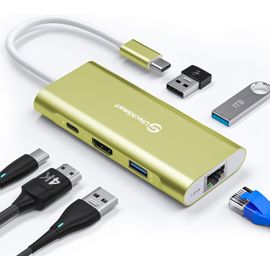 POLKI-Hub 6 en 1, Adaptateur USB C vers HDMI avec Ethernet 1000m, PD 100W, 3 Ports USB 3.0, Dock Compatible avec MacBook et Appareils USB C (Or)