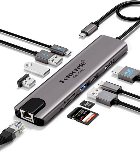Conception Aluminium Station d'accueil Hub USB-C Adaptateur 11 en 1 avec HDMI 4K@60Hz, Gigabit Ethernet, PD 100W, 4X USB-A, Port USB-C, Carte SD/TF pour MacBook/Windows/Switch/Steam Deck