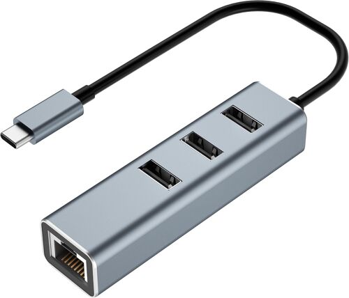 JGD-Hub USB C Ethernet, Répartiteur C pour Adaptateur USB Rj45 en Aluminium avec 1 Port LAN RJ45, 3 Ports de données USB 2.0 pour Windows 10/8Macbook, Mac Pro/MiniiPad OS (Gris)