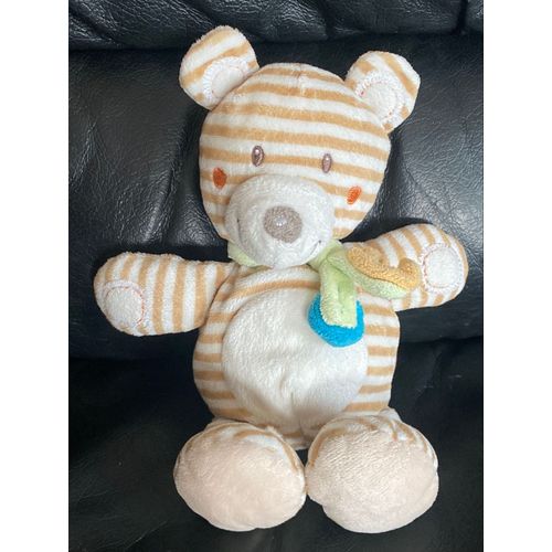 DOUDOU OURS RAYÉ BEIGE ÉCHARPE VERTE LUNE ÉTOILE NICOTOY 21CM