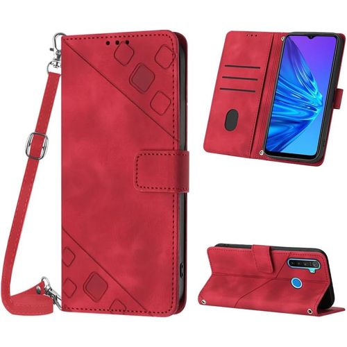 KAL-Coque Pour Oppo Realme 5/5S/5I/C3/C3I/6I, Pu Leather Flip Portefeuille Étui En Cuir, [3 Porte Cartes] [Fermeture Magnétique] [Bandoulière Réglable] Coque Pour Realme 5 - Rouge