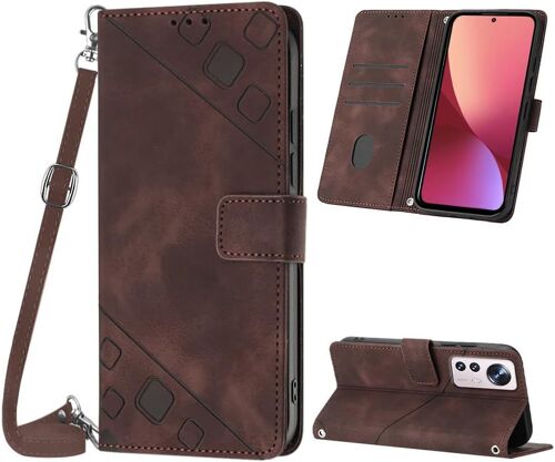 KAL-Coque Pour Xiaomi Mi 12 / 12S / 12X, Pu Leather Flip Portefeuille Étui En Cuir, [3 Porte Cartes] [Fermeture Magnétique] [Bandoulière Réglable] Coque Pour Xiaomi 12 - Marron
