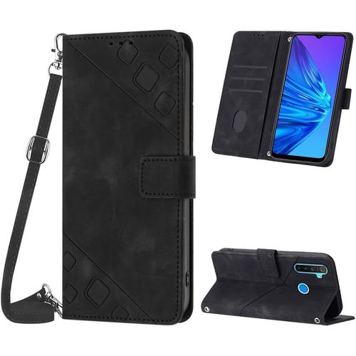 KAL-Coque Pour Oppo Realme 5/5S/5I/C3/C3I/6I, Pu Leather Flip Portefeuille Étui En Cuir, [3 Porte Cartes] [Fermeture Magnétique] [Bandoulière Réglable] Coque Pour Realme 5 - Noir