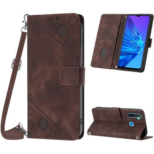 KAL-Coque Pour Oppo Realme 5/5S/5I/C3/C3I/6I, Pu Leather Flip Portefeuille Étui En Cuir, [3 Porte Cartes] [Fermeture Magnétique] [Bandoulière Réglable] Coque Pour Realme 5 - Marron