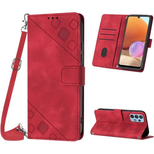 KAL-Coque Pour Samsung Galaxy A32 4G/A32 Lite, Pu Leather Flip Portefeuille Étui En Cuir, [3 Porte Cartes] [Fermeture Magnétique] [Bandoulière Réglable] Coque Pour Samsung A32 4G - Rouge