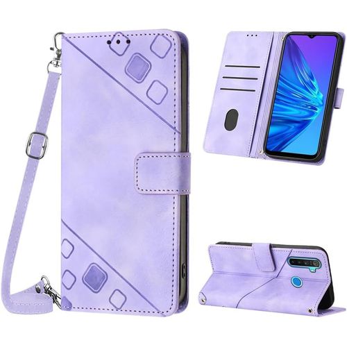 KAL-Coque Pour Oppo Realme 5/5S/5I/C3/C3I/6I, Pu Leather Flip Portefeuille Étui En Cuir, [3 Porte Cartes] [Fermeture Magnétique] [Bandoulière Réglable] Coque Pour Realme 5 - Violet