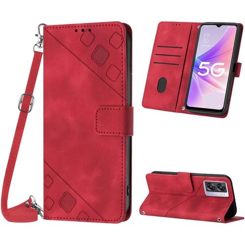 Kal-Coque Pour Oppo A57 5g 2022/A77 5g/A57 4g 2022/A57s 4g/A77 4g/K10 5g/Realme Narzo 50 5g/V23/Q5i, Pu Leather Flip Portefeuille Étui En Cuir, [Fermeture Magnétique] - Rouge