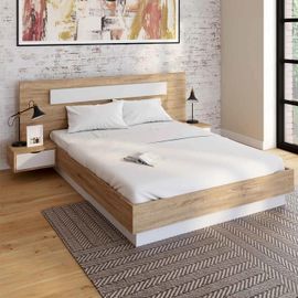 Lit Double Santa Avec Tête De Lit + Tables De Chevet Intégrées Et Sommier 140 X 190 Cm Bois Et Blanc
