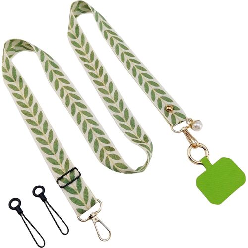 KAL-Chaîne De Téléphone Portable Universelle -Réglable -38 À 60 Cm -Pour Femme -En Coton -Vert -Broderie Feuilles -Poussoir En Plastique -Crochet En Métal, Vert, Taille Unique