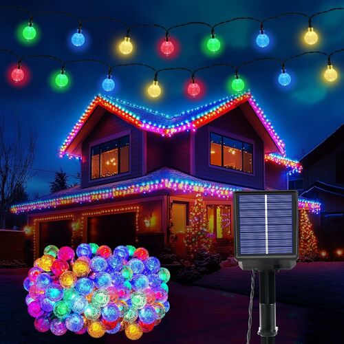 Kal-Guirlande Lumineuse Solaire D'extérieur - 100 Led - 3 M + 15 M - 8 Modes - Ip65 - Boules De Cristal Multicolores - Éclairage Extérieur Et Intérieur - Éclairage Pour Balcon, Terrasse, Jardin, Arbr