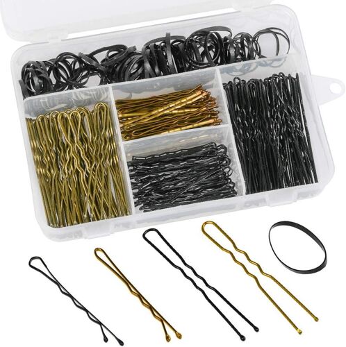 300 Pcs U Épingles À Cheveux,Métal Invisible Bobby Pins Et 100 Pièces Bandes De Cheveux En Caoutchouc Avec Boîte De Rangement En Plastique Pour Les Filles Et Les Femmes