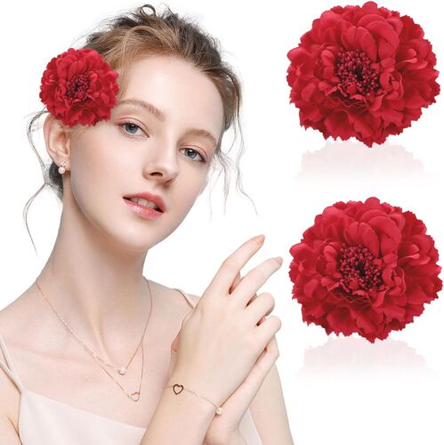 2 Pièces Barrette Pivoine Rouge Pince Cheveux, Barrette Fleur Pince À Cheveux, Pince À Cheveux, Broche De Fleur Pour La Plage Le Mariage, Décoration De Fête Vacances (Rouge) 