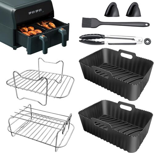 Air Fryer Accessories Set of 8 Air Fryer Accessories with Reusable Silicone Liner, Double Air Fryer Rack, Oil Brush, Skewer, Food Tongs, Silicone Glove, Kitchen Tongs for Ninja