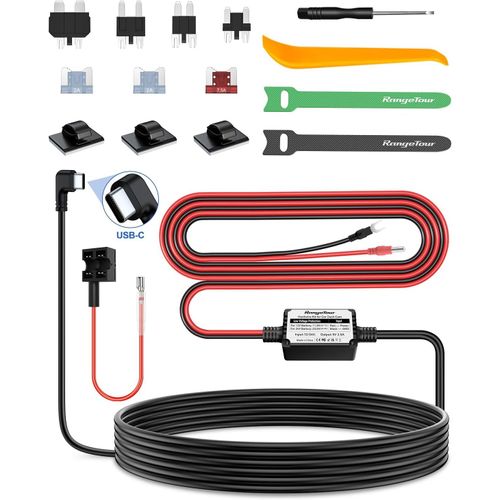 Dashcam Hardwire Kit 4m Usb-C, 12v-24v À 5v 2,5a Chargeur De Voiture Ensemble De Fusibles À Fil Dur Avec 4 Adaptateurs D'alimentation 3 Fusibles Pour Caméras De Tableau De Bord