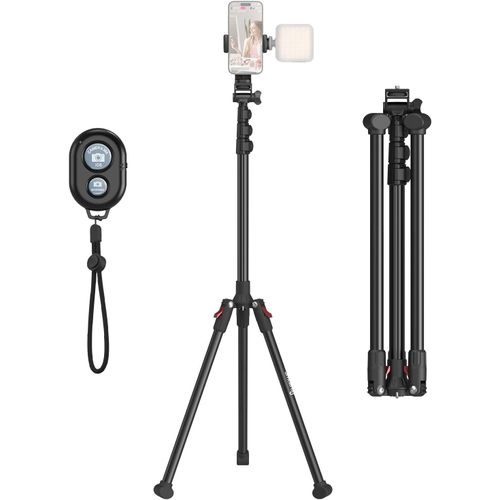Trépied de Téléphone avec Télécommande, 170 cm Trépied pour Appareil Photo Portable Pliable à l'envers, Support d'Eclairage Universel pour Selfie et Streaming en Direct, Encore PT-30-4363