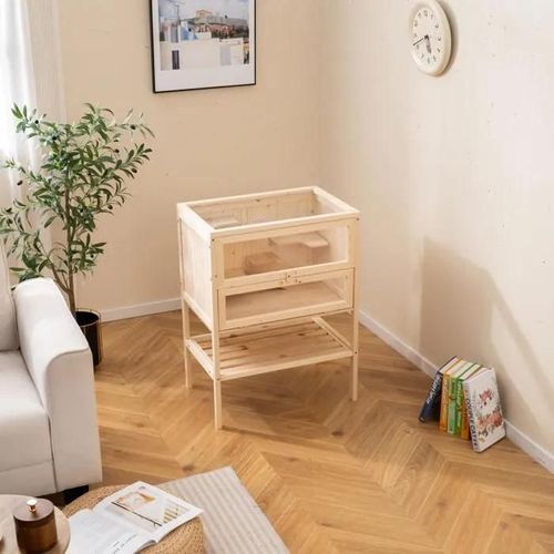 Cage Pour Hamster En Bois Costway, Toit En Maille Réversible, Zones Multi-Echelles, Rampe, Rangement Inferieur, Porte Verrouillable