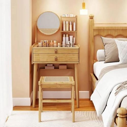 Ensemble De Coiffeuse Et Tabouret En Bambou Costway Avec Miroir, 2 Tiroirs, Étagères Ouvertes, Plateau En Verre, Design Compact