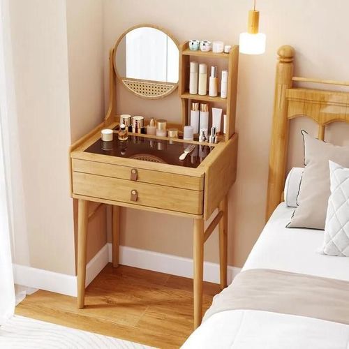 Coiffeuse En Bambou Avec Miroir Et 2 Tiroirs Costway, Étagères De Rangement Ouvertes, Plateau En Verre, Naturel, Pour Petite Espace