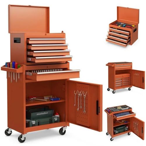 COSTWAY Servante d'Atelier Outils 4 Tiroirs Compartiment Amovible Etagère Réglable Planche à Outils Roues Verrouillables Orange