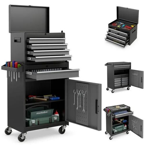 COSTWAY Servante d'Atelier Outils 4 Tiroirs Compartiment Amovible Etagère Réglable Planche à Outils Roues Verrouillables Gris
