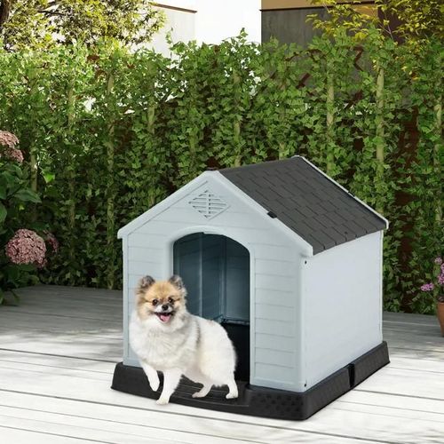 Maison Pour Animaux Costway 70 X 65 X 71,5cm, Ventilé Avec Bouche D¿Aération, Plancher Surélever, Niche Pour Chien Intér Extér Gris