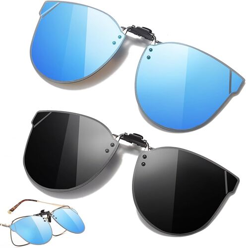 Kalanka-2 Pièces Clip Lunettes Polarisant, Clip Solaire Pour Lunettes De Vue, Clip Lunettes De Soleil Polarisées Uv400, Pour Hommes Et Femmes(Noir, Bleu)