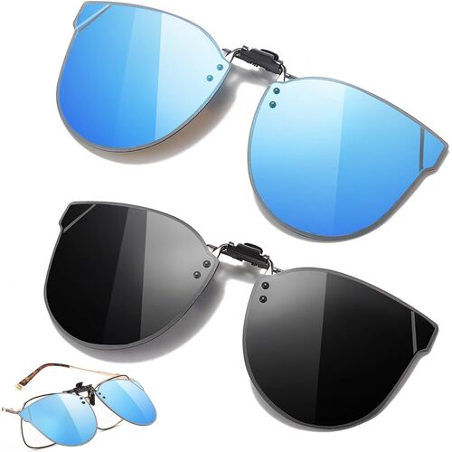 Kalanka-2 Pièces Clip Lunettes Polarisant, Clip Solaire Pour Lunettes De Vue, Clip Lunettes De Soleil Polarisées Uv400, Pour Hommes Et Femmes(Noir, Bleu)